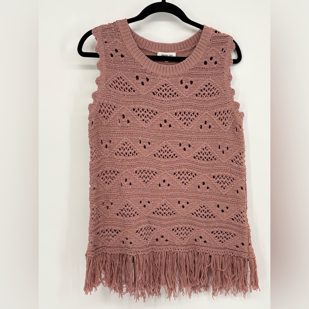 ANOTHER LOVE Vest Bodhi Crochet Fringe Hem Dusty Rose Women’s Large